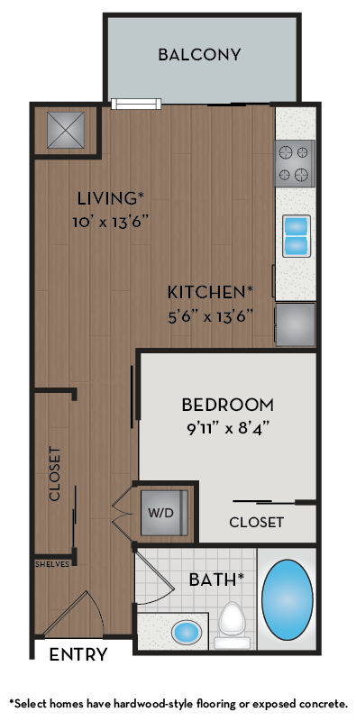 Floor plan for studio, 1 bath, 510 sqft